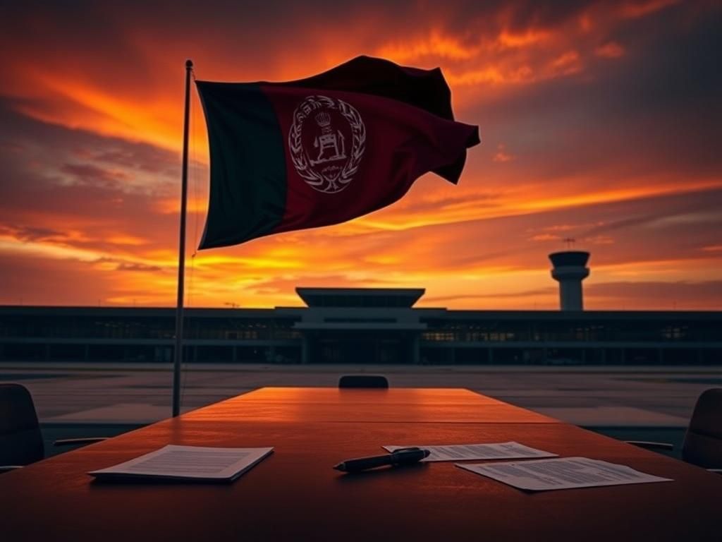 Flick International A large Afghan flag waving in the breeze at Kabul International Airport during sunset.