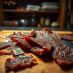 Flick International Close-up of beef sticks on a cutting board with metallic shards