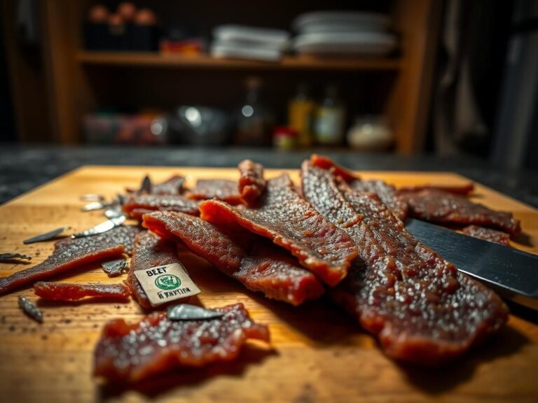 Flick International Close-up of beef sticks on a cutting board with metallic shards