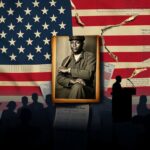 Flick International A faded photograph of Jackie Robinson in military uniform against a torn American flag backdrop