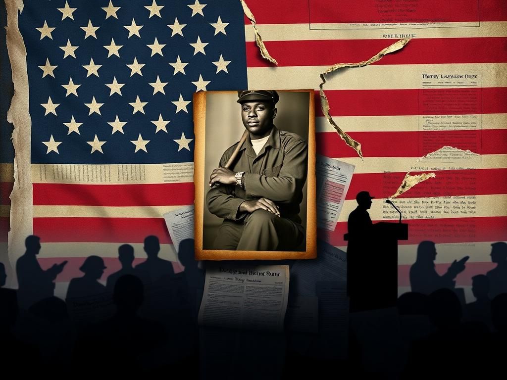 Flick International A faded photograph of Jackie Robinson in military uniform against a torn American flag backdrop