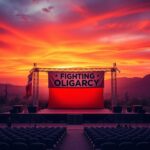 Flick International A political rally setup with an empty stage and a vibrant sunset backdrop