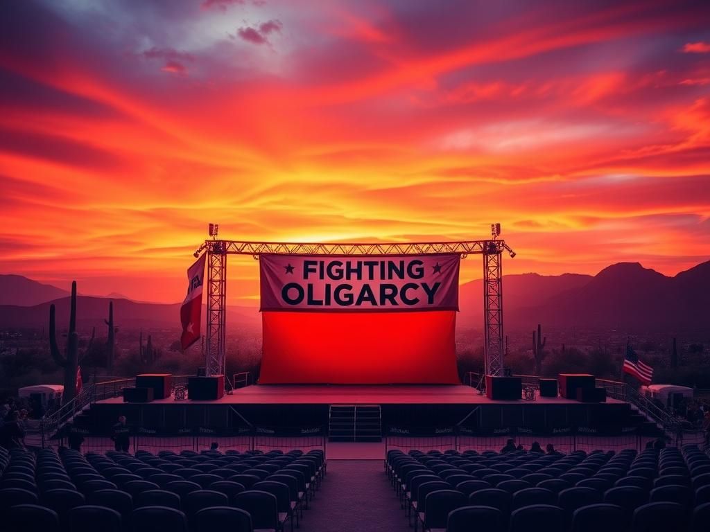 Flick International A political rally setup with an empty stage and a vibrant sunset backdrop