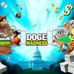 Flick International Colorful NCAA-style basketball tournament bracket titled 'DOGE Madness' surrounded by representations of federal waste