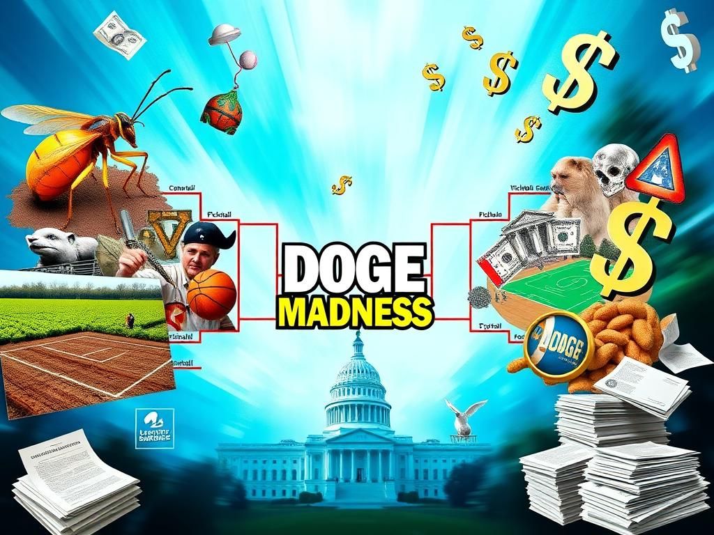 Flick International Colorful NCAA-style basketball tournament bracket titled 'DOGE Madness' surrounded by representations of federal waste