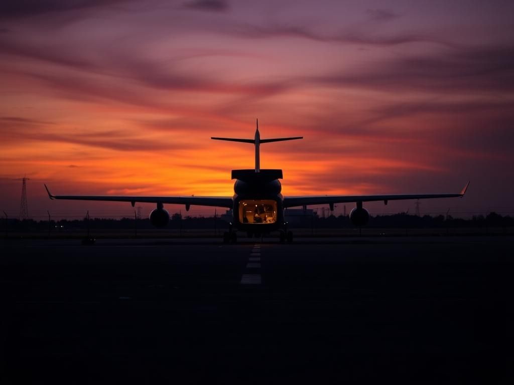 Flick International A dramatic view of an empty airport runway with a parked cargo plane at dusk