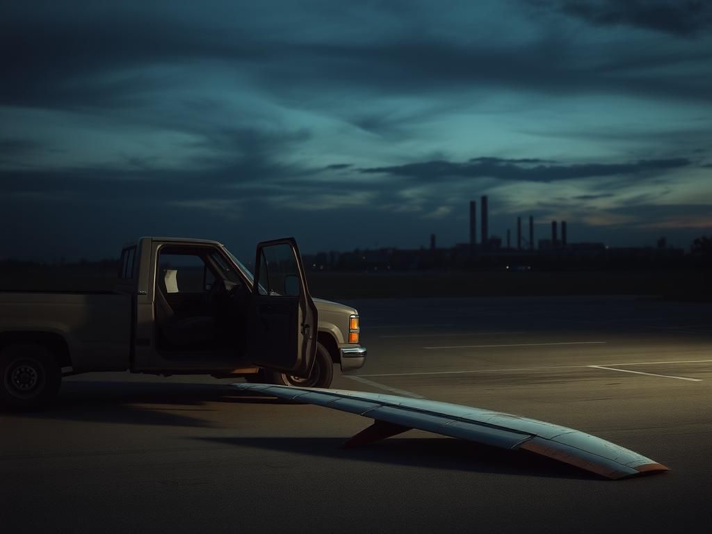 Flick International Empty parked truck in a desolate parking lot at dusk, reflecting themes of isolation and struggle.