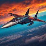 Flick International A sleek and futuristic F-47 fighter jet soaring through a vibrant sunset sky