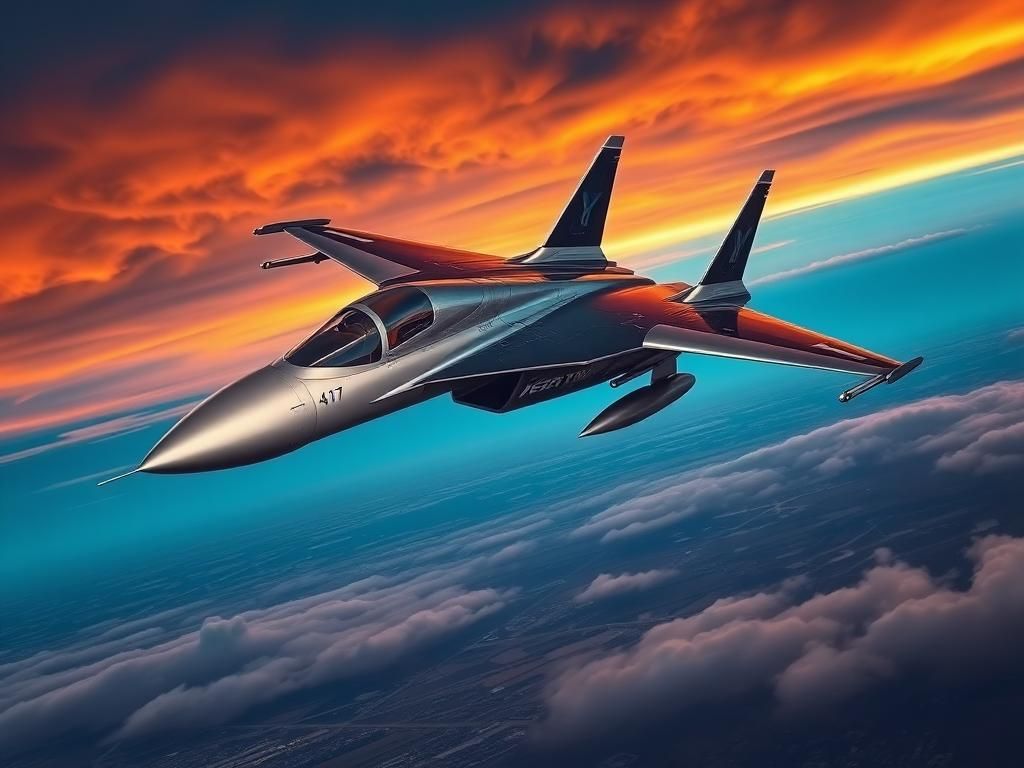 Flick International A sleek and futuristic F-47 fighter jet soaring through a vibrant sunset sky