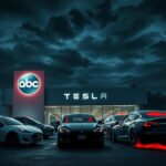 Flick International Vandalized Tesla dealership at night with broken windows and graffiti