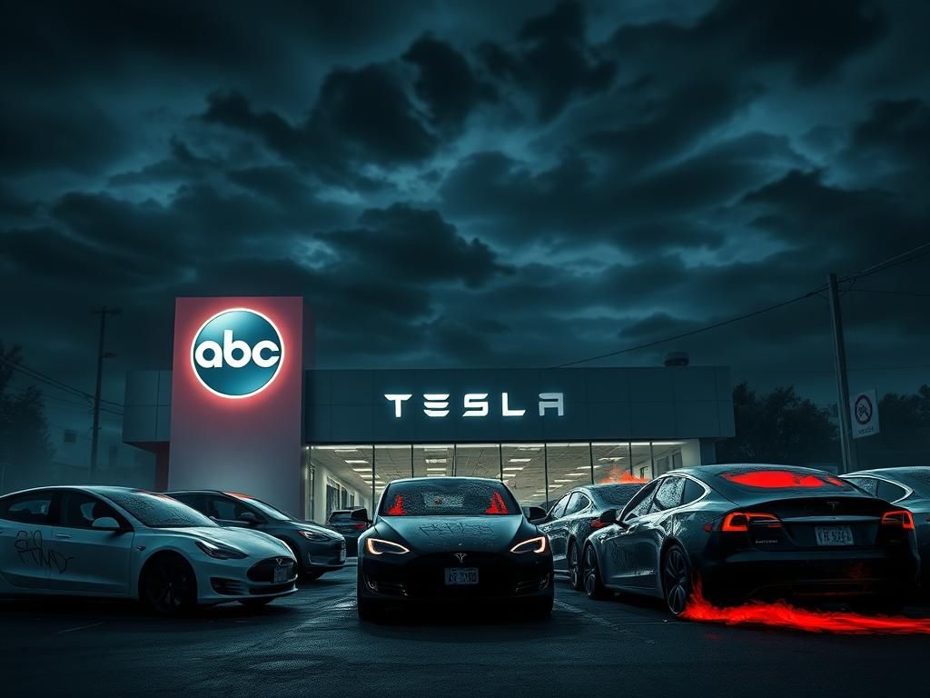 Flick International Vandalized Tesla dealership at night with broken windows and graffiti