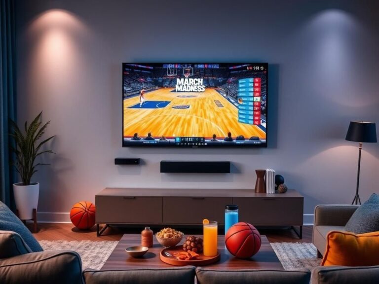 Flick International Modern living room featuring a sleek television showcasing a March Madness basketball game