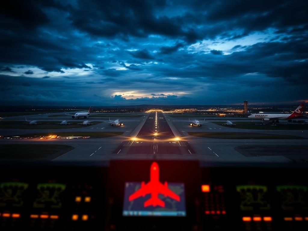 Flick International Aerial view of Ronald Reagan Washington National Airport at dusk with warning symbol overlay