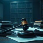 Flick International A gavel resting on legal documents surrounded by law books, symbolizing a courtroom atmosphere