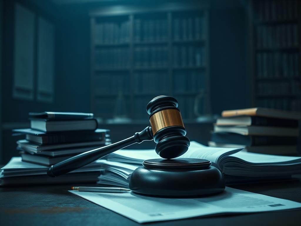 Flick International A gavel resting on legal documents surrounded by law books, symbolizing a courtroom atmosphere