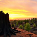 Flick International Panoramic view of a California landscape post-wildfire with charred trees and new growth