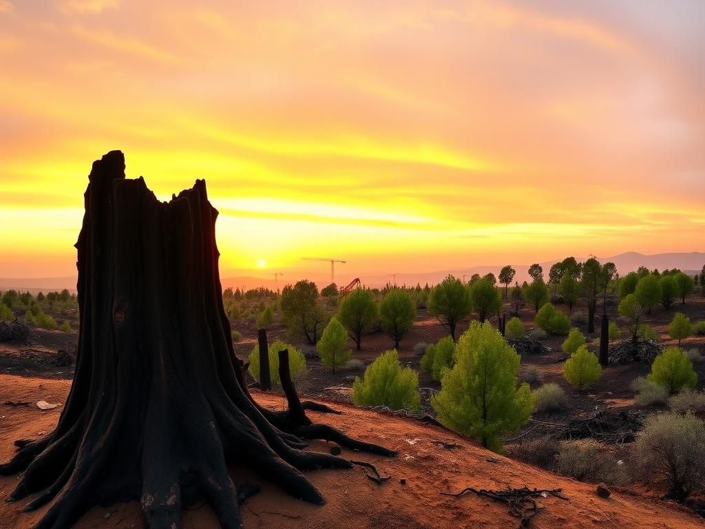 Flick International Panoramic view of a California landscape post-wildfire with charred trees and new growth