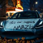 Flick International Vandalized Tesla with graffiti reading 'This car supports Nazis' in Syracuse