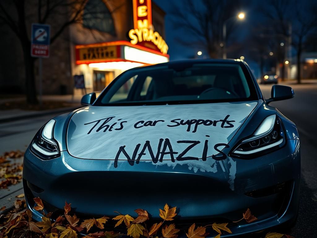 Flick International Vandalized Tesla with graffiti reading 'This car supports Nazis' in Syracuse