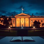 Flick International Dramatic view of the White House at night with a table set for an important meeting