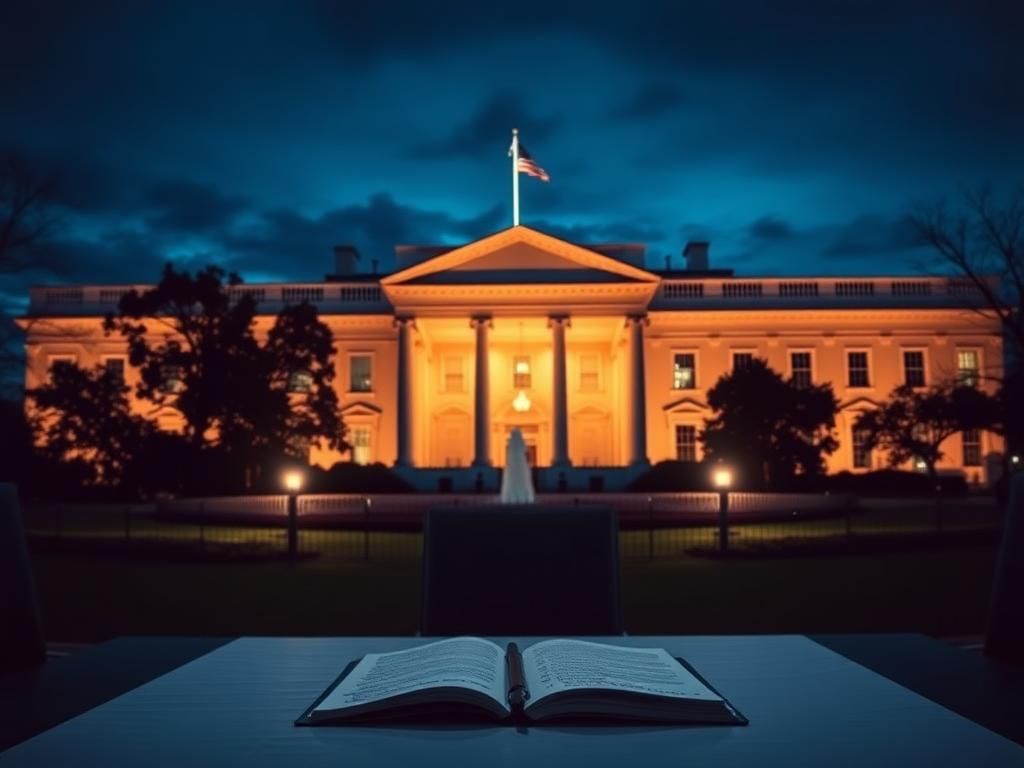 Flick International Dramatic view of the White House at night with a table set for an important meeting