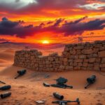 Flick International Dramatic desert landscape depicting Middle Eastern terrain with ancient stone wall and military relics