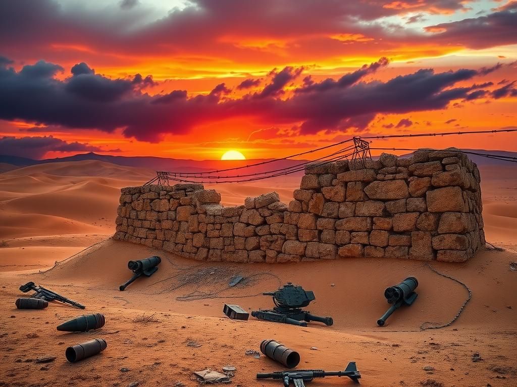 Flick International Dramatic desert landscape depicting Middle Eastern terrain with ancient stone wall and military relics