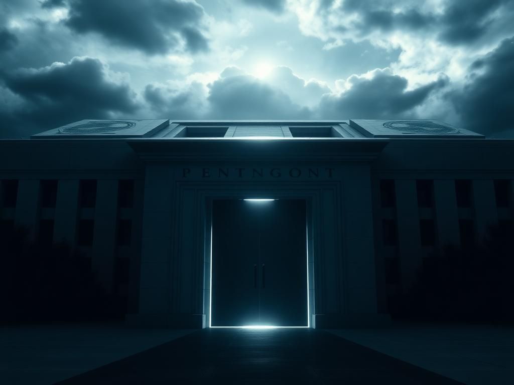 Flick International Dramatic view of the Pentagon with a closed door symbolizing secrecy and military power