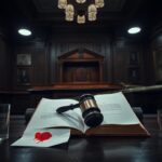 Flick International Dark courtroom scene with judge's bench and gavel