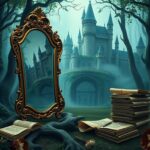 Flick International Whimsical yet dark forest scene with a gilded mirror reflecting a storybook castle.