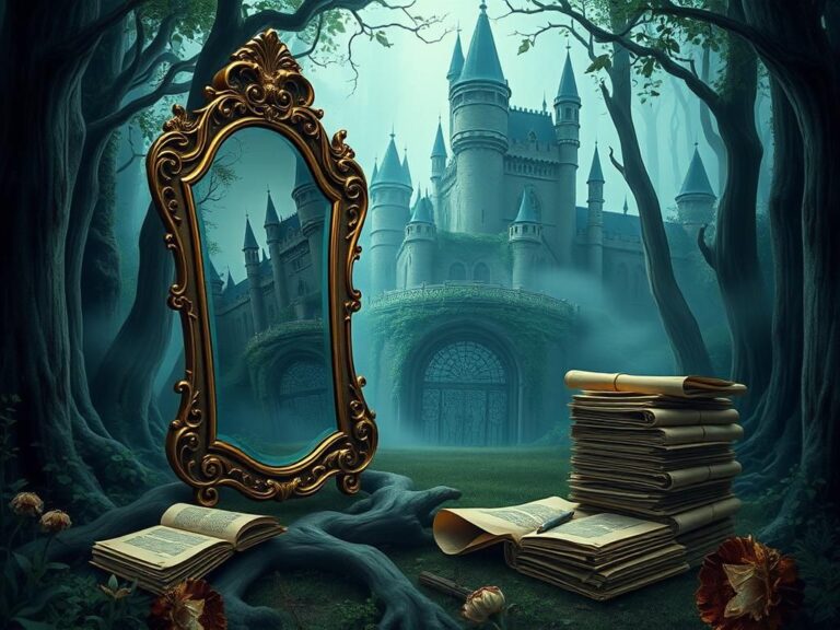 Flick International Whimsical yet dark forest scene with a gilded mirror reflecting a storybook castle.