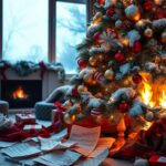 Flick International Ornate snow-covered Christmas tree with lights and ornaments, surrounded by sheet music and crumpled papers