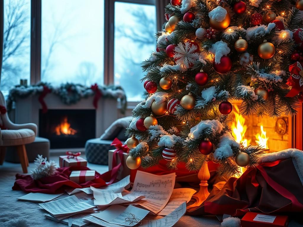 Flick International Ornate snow-covered Christmas tree with lights and ornaments, surrounded by sheet music and crumpled papers