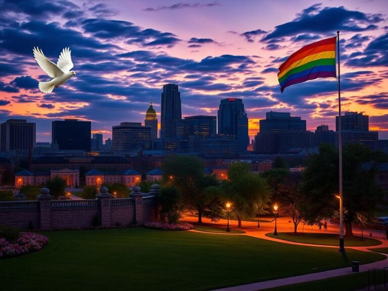 Flick International Cityscape of Minneapolis at twilight with flowers and rainbow flag in a park