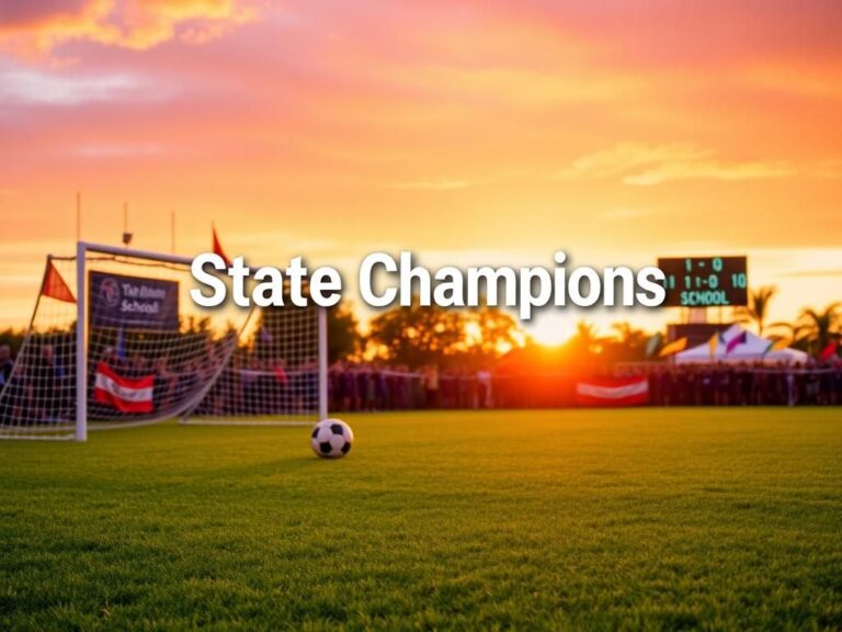 Flick International Soccer field at sunset with banners celebrating The Benjamin School's victory