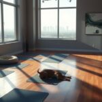 Flick International Tranquil yoga studio with empty dog bed and sunlight filtering through windows