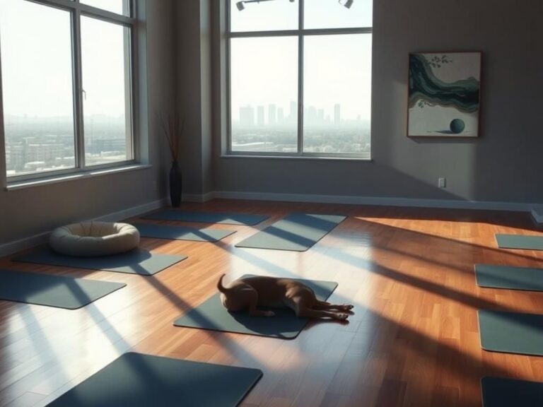 Flick International Tranquil yoga studio with empty dog bed and sunlight filtering through windows