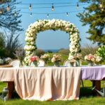 Flick International Outdoor spring wedding setup with pastel tablecloths and floral arrangements