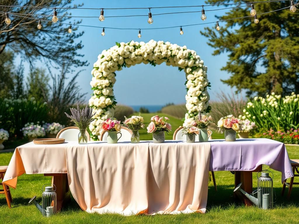 Flick International Outdoor spring wedding setup with pastel tablecloths and floral arrangements