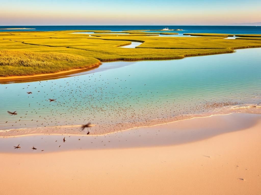 Flick International Coastal landscape of Orbetello, Italy, with midges in the air