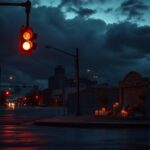 Flick International A somber urban scene at dusk with a glowing red stoplight and a weathered memorial for Sarah Root