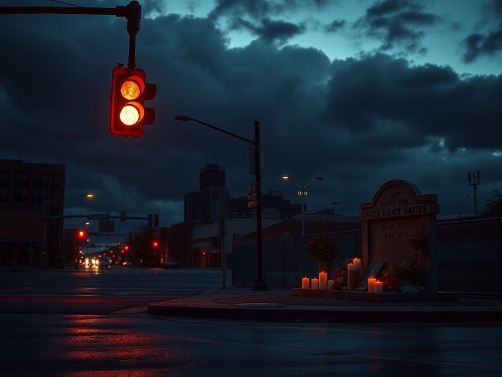 Flick International A somber urban scene at dusk with a glowing red stoplight and a weathered memorial for Sarah Root