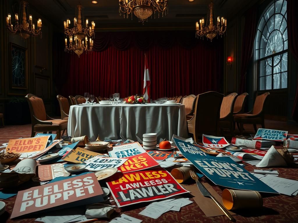 Flick International Aftermath of a political protest in an elegantly decorated conference room