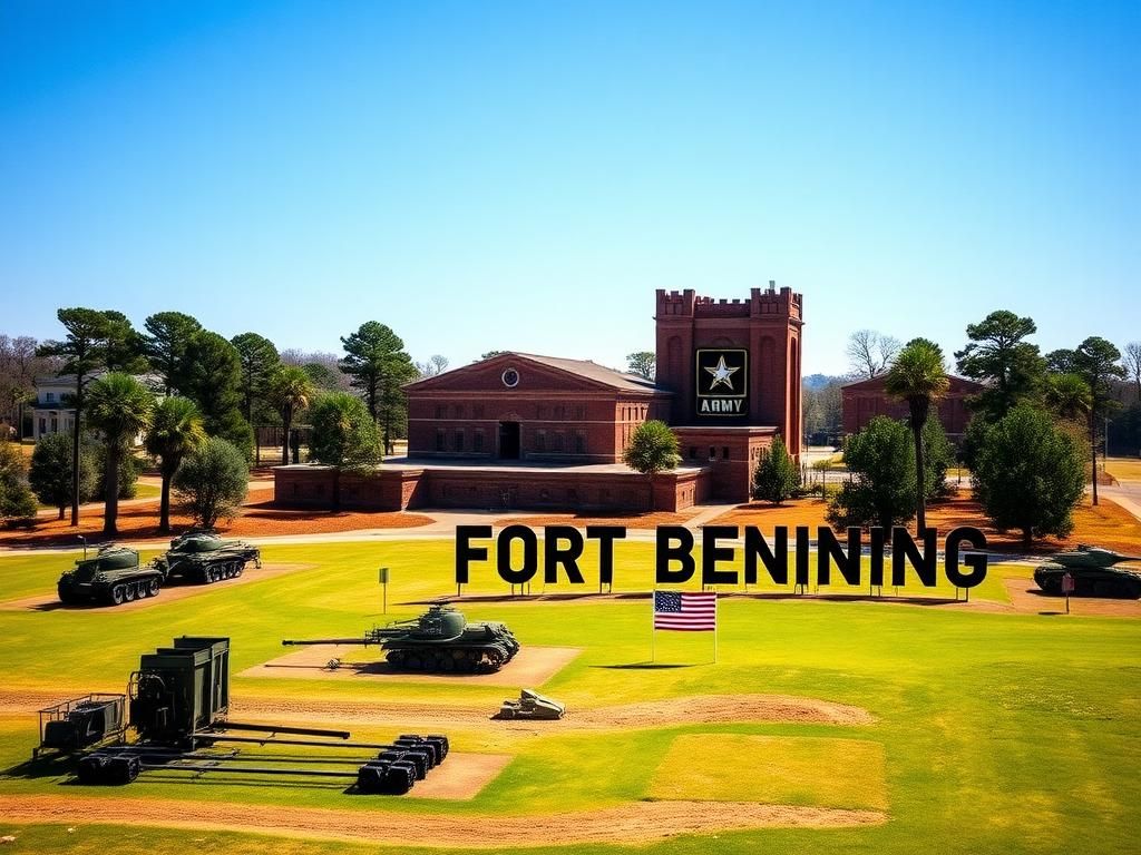 Flick International Expansive view of Fort Benning, Georgia, showcasing military training fields and historic buildings