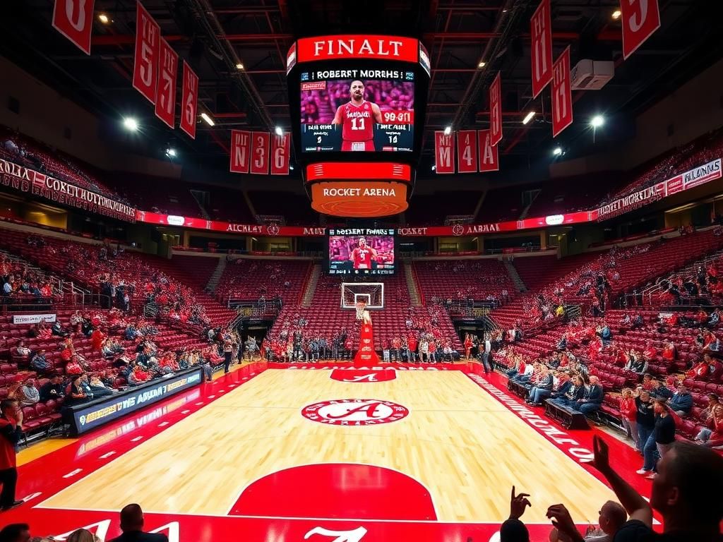 Flick International Basketball court at Rocket Arena with Alabama Crimson Tide logo and empty stands