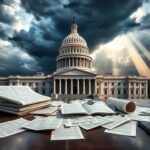 Flick International Fragmented representation of the U.S. Capitol with legal documents symbolizing political turmoil