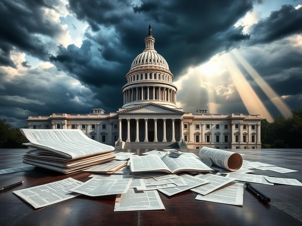 Flick International Fragmented representation of the U.S. Capitol with legal documents symbolizing political turmoil