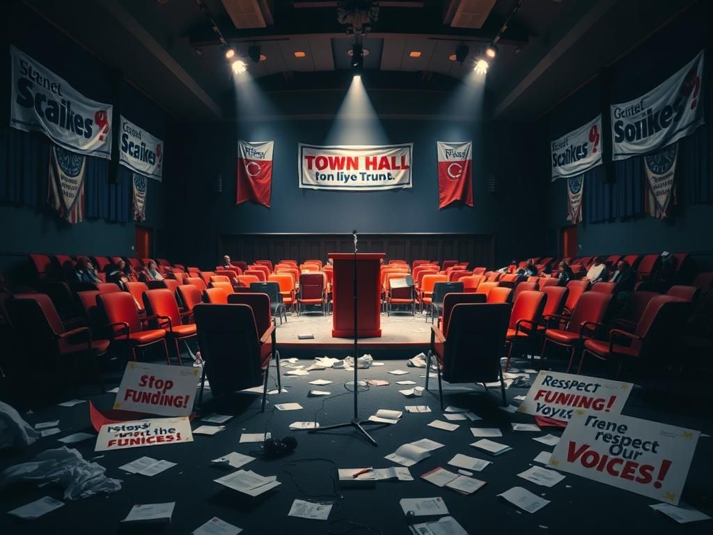 Flick International Chaotic town hall meeting room with overturned chairs and scattered papers