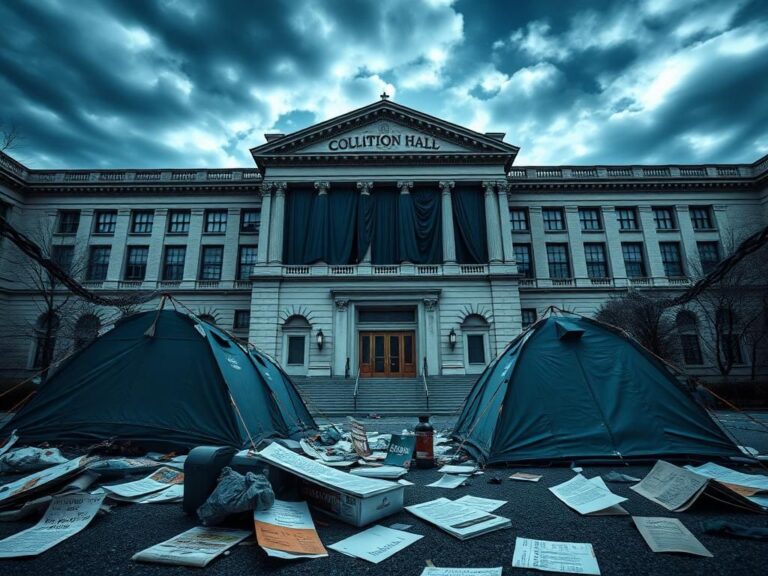 Flick International Exterior view of Columbia University's Hamilton Hall with protest remnants