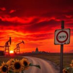 Flick International Dramatic landscape of Oklahoma's oil fields at sunset with oil rigs and a weathered sign